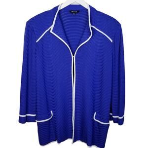 Misook Knit Jacket Cobalt Blue White Contrast Trim Pockets Size XL